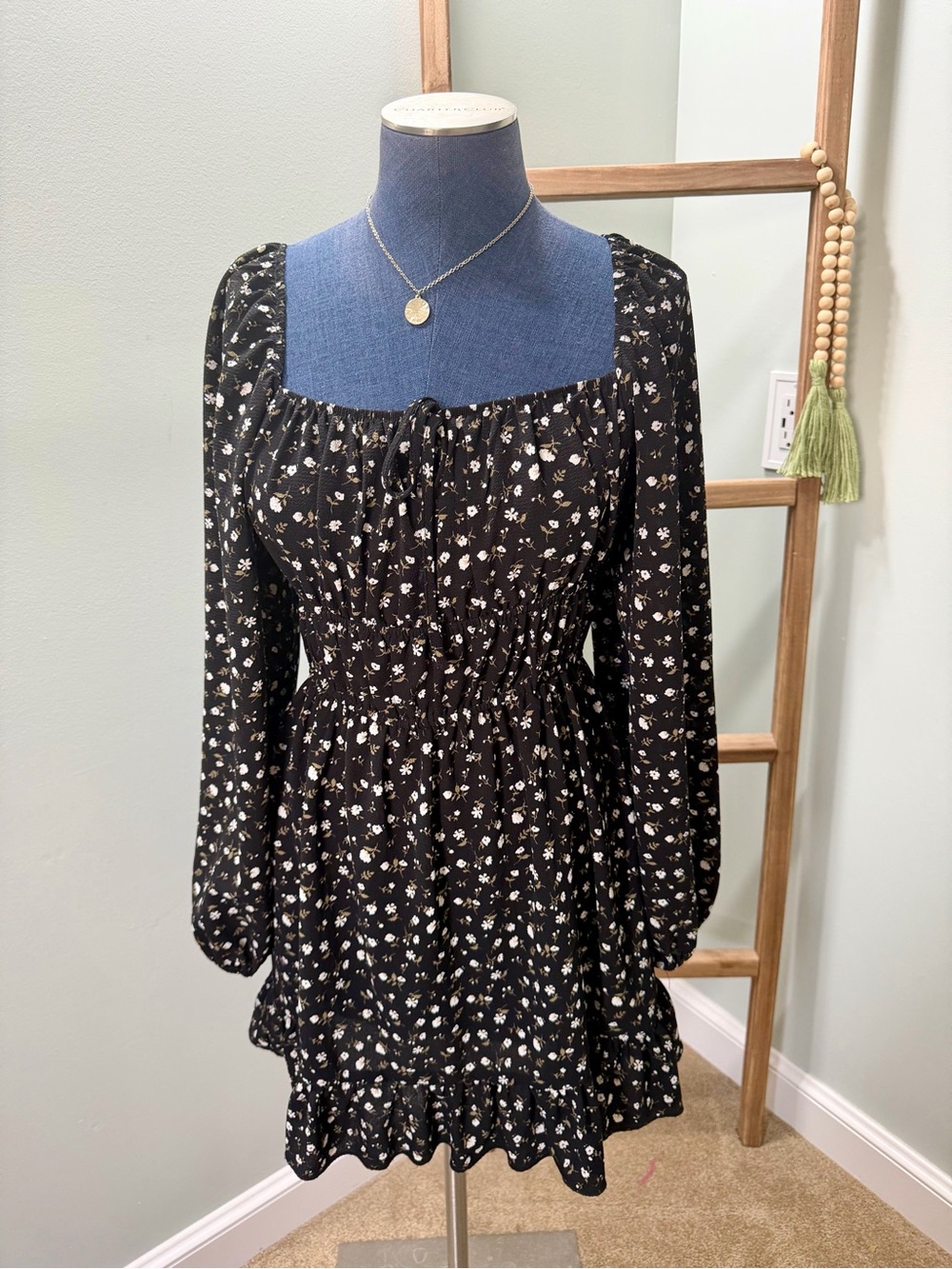 Altar’d State Black Floral Long Sleeve Square Neck Mini Dress Size Medium